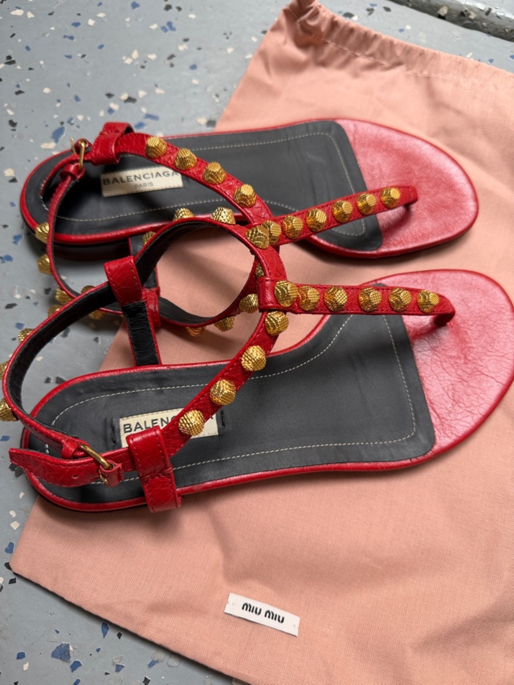 Balenciaga Red Leather T-Strap Sandals with Gold Stud Accents